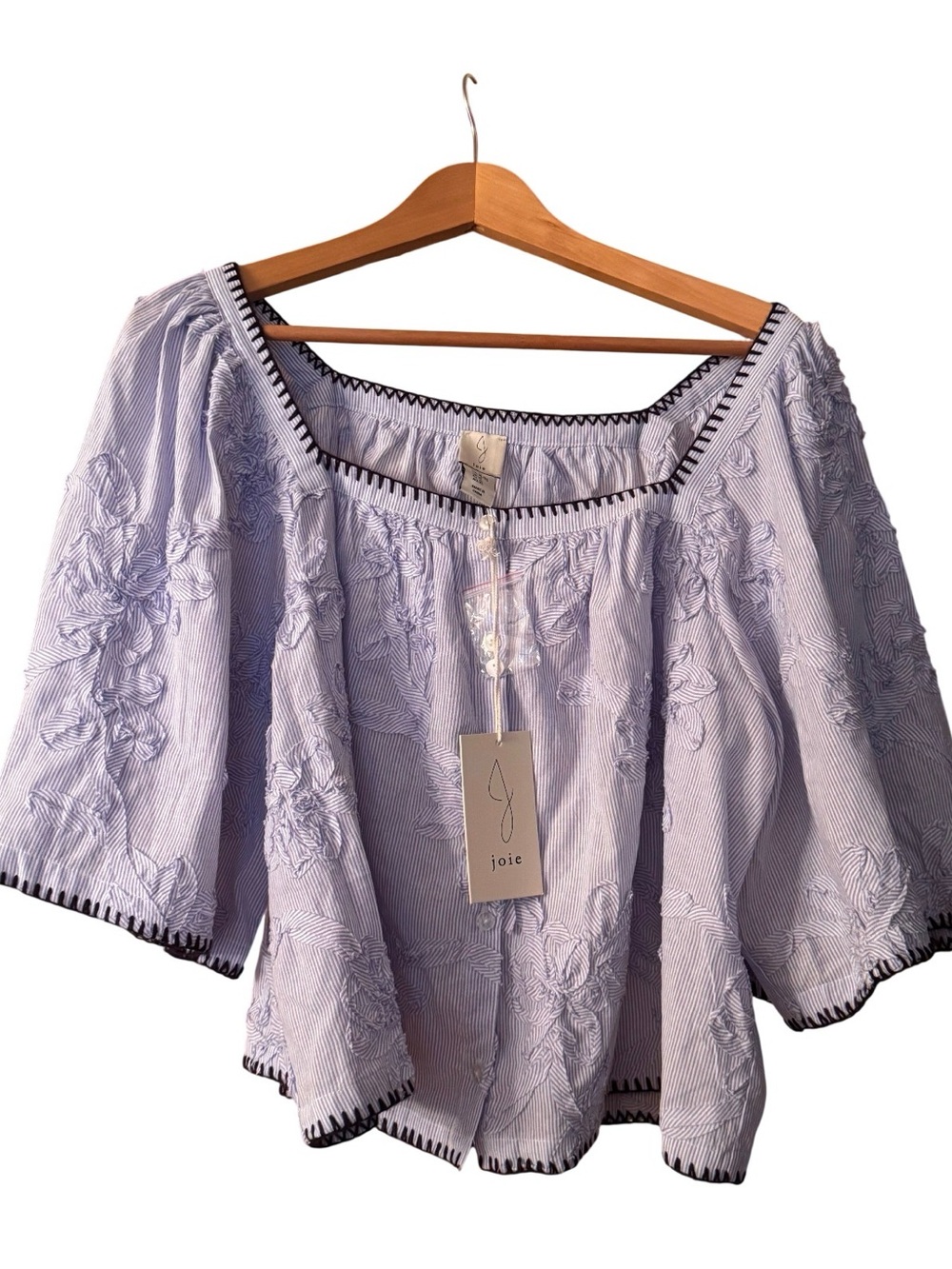 Joie Embroidered Peasant Blouse with Blue Trim